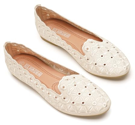 GLAMORA Bailarinas Mujer Manoletinas Caladas Puntera Estilizada Zapatos Planos Bordado Floral Elegantes Transpirables Comodos Primavera Verano beige-37