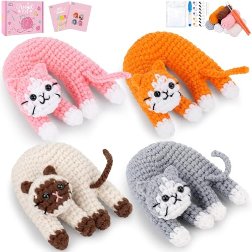 4-teiliges Häkelset für Anfänger, lustiges Häkelset für Katzen, Stricken, Lernset, komplettes Tierhäkeln mit Video-Tutorials, Lernen, wie man häkelt, Stricken, Katzen, Häkeln, Starter-Set (bunt)
