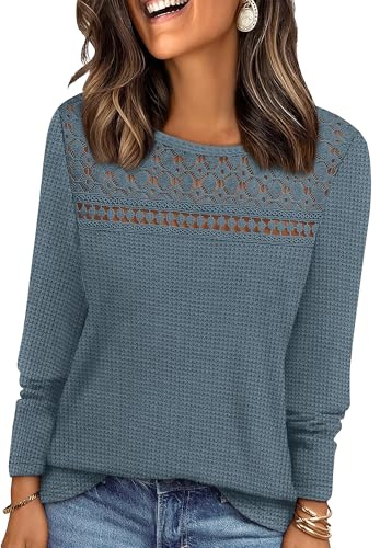 WIHOLL Women Jumpers Long Sleeve Tops Womens Lace Blouse Trendy Waffle Knit Jumpers Dressy Casual Blue Size 14-16 L