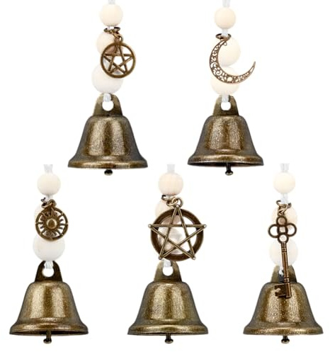 PH PandaHall 5 campane da strega con perline di legno per pomello della porta, campane da stregoneria da appendere a campana con perline con chiavi magiche, ciondolo a forma di girasole per la