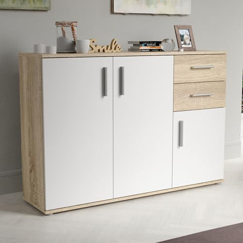 Forte IKOLI Kommode 120, Moderne Kommode, 3-türig, 2 Schubladen, Wohn-/Schlafzimmer, Flur, Holzwerkstoff, Weiß mit Sonoma Eiche Holzdekor, 119,6 cm breit x 81,7 cm hoch x 31,4 cm tief