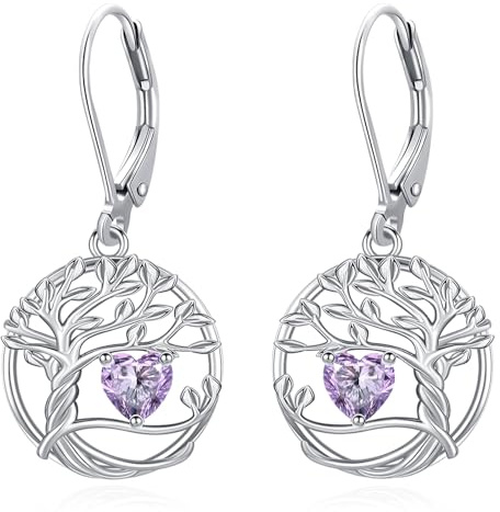 Eusense Boucles d'Oreilles Arbre de Vie avec Cœur en Pierre de Naissance Bijou Cadeau Personnalisable pour Anniversaire et Fête des Mères