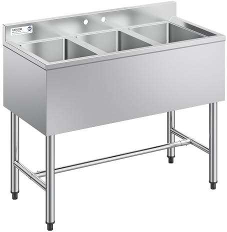 VEVOR Lavello da Cucina Commerciale in Acciaio Inox con 3 Lavandini Lavello Autoportante in Acciaio Inox 304 Lavandino Singolo 254x356x254 mm per Bar, Ristorante, Hotel, Cucina Commerciale