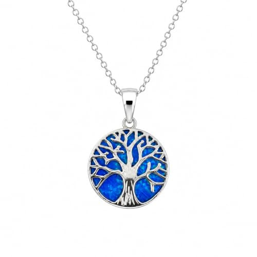 Kiara Jewellery Collana con ciondolo con albero della vita, in argento Sterling 925 placcato al rodio applicato su un disco di opale blu e catena placcata al rodio, da 45,7 cm
