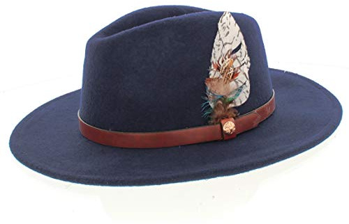 The Hat Company Ladies Coloured 100% Wool Fedora with Feather Trim 57cm Adjustable (Navy)