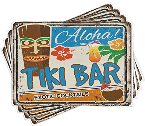 ABAKUHAUS Tiki Bar Placemats, Vintage Sign, Washable Fabric Dining Room Kitchen Table Decoration Digital Print, Brown Blue