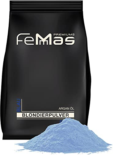 FemMas poudre décolorante bleue 500 g I Avec technologie Plex et huile d'argan I Blondissement uniforme I Ultra fort et sans poussière I Blanchiment cheveux pour des éclaircissements jusqu'à 9 nuances