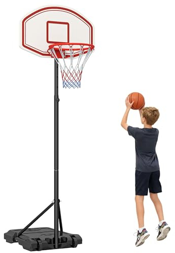 HOMCOM Canestro Basket da Interno ed Esterno Portatile con Altezza Regolabile 5 Livelli 175-215cm, Canestro da Basket con Ruote, Struttura Metallo e Base Riempibile, Tabellone PE