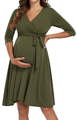 KOJOOIN Mujer Vestido de maternidad Vestido de embarazo para mujeres embarazadas Vestido de lactancia con cuello en V Manga larga con cinturón de cintura(embalaje múltiple), Armeegrün, L