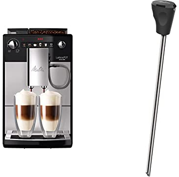 Melitta Latticia OT Argent F300-101, Machine à Café avec Broyeur à Grains, One Touch, Expresso, Cappuccino, Latte Macchiato, Compacte, Silencieuse & Lance à lait. argent/noir