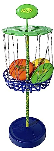 Nerf Discgolf, startset – minigolv golfskivor + skivgolfkorgsset – komplett bärbart skivgolfset med skivor för bakgård + strand – 3 skivor + korgmål ingår