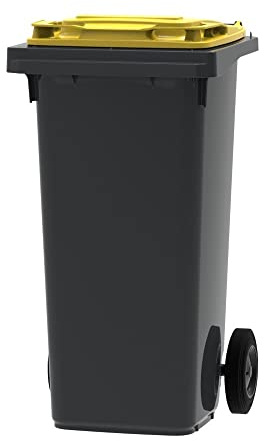 ESE France Conteneur Poubelle à déchets 2 roues - 120L - Robuste et Économique - 100% Recyclé - Gris avec Couvercle Jaune - Fabriqué en France