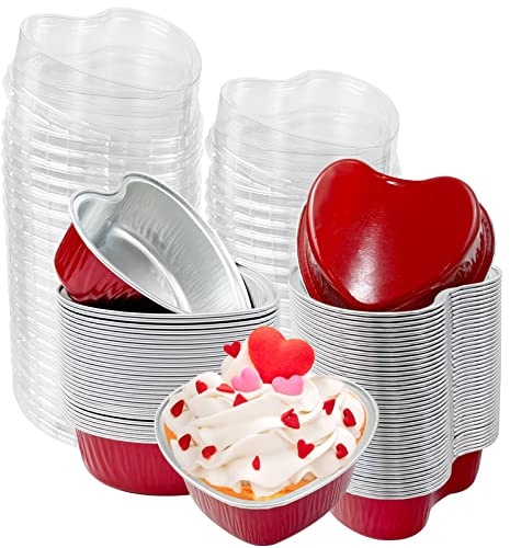 50Pcs Mini Heart Shaped Cake Pans with Lids,100 ml 3.4 oz Disposable Valentine Cupcake Cup Mini Aluminum Foil Baking Cups Ramekins Muffin Cupcake Liners for Wedding Birthday Party,Red