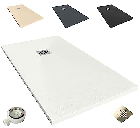 NEBADOON | Plato de Ducha de Modelo Roma II – Plato Ducha Resina con Textura Pizarra - Antideslizante y Antibacteriano – Blanco (RAL 9003) 70x70 cm – Incluye Válvula Desagüe y Rejilla