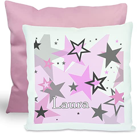 CreaDesign, Kinder Kissen 40x40 cm personalisiert mit Namen, Kinderzimmer Deko Kissen Kinder mit Füllung Federn, Motiv Sterne rosa grau, Rückenfarbe Rosa