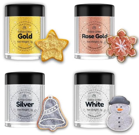 Shanlinly Christmas Edible Glitter Set - 4 Colors Food Grade Edible Glitters for Drink Dust Strawberries Shimmering Glitter, Vegan Metallic Food Coloring Sprinkle on Sparkle for Cakes, Fondant Pops