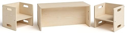 Bellabino Aki Kindersitzgarnitur - Kindermöbel Set 3 teilig - 2in1 Kinderhocker/Beistelltisch aus Holz Natur - Montessori Wendebank Birke - Kindersitzgruppe Indoor - Kindertisch mit Kinderstuhl