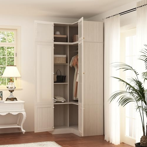Homsee L-Shape Armoire Wardrobe Closet with Frosted Glass Doors, Hanging Bar & Shelves, Wooden Closet Storage Cabinet with Top Cabinet for Bedroom, Warm Grey (35.4”L x 35.4”W x 86.6”H)