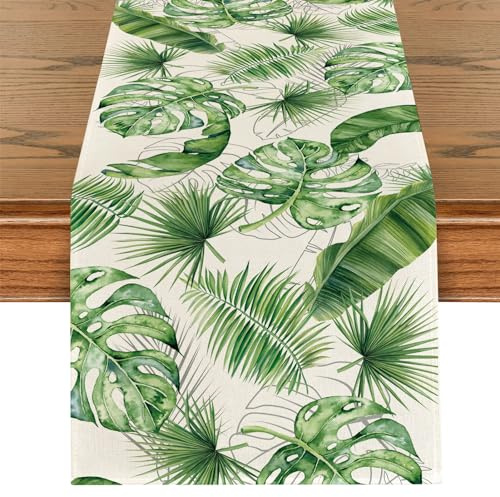 Grüne Blätter Frühling Tischläufer Tropische Palmenblätter Sommer Tischlaufer Sommer Küche Waschbar Esstisch Dekoration Tischdecke für Drinnen und Draußen Urlaub Party Wohnzimmer Dekor 40 x 140 cm