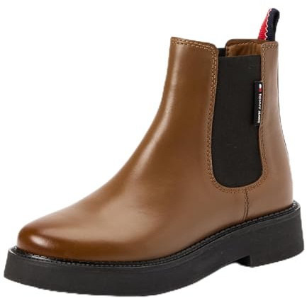 Tommy Jeans Botines Chelsea Mujer Flat Boot de piel, Marrón (Light Sepia Brown), 37
