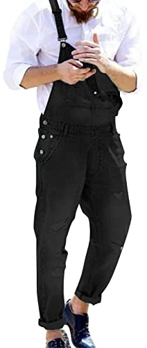 Salopette en jean baggy pour homme - Stretch - Noir - Bretelles longues - Pantalon en denim - Combinaison cargo - Salopette de travail - Coupe ample