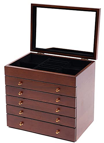 KAUITOPU 6 Schichten Schmuckkästchen, Holz Schmuckschatullen mit Spiegel 5 Schubladen Schmuckbox Schmuckaufbewahrung für Ringe Ohrringe Halsketten Armbänder