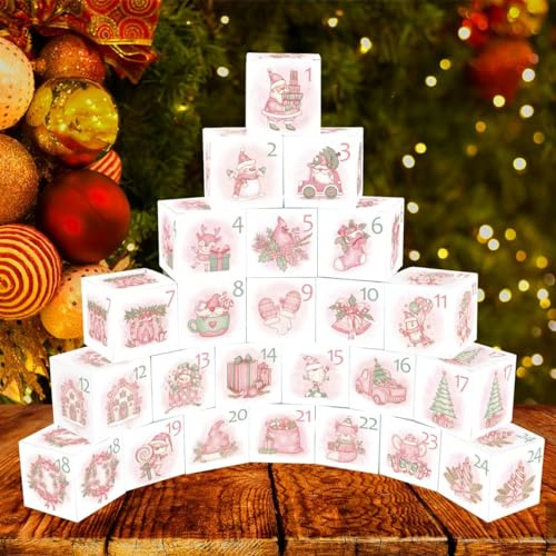 Adventskalender zum Befüllen Adventskalender2025 Tüten mit 24 Kisten Geschenkbeutel Adventskalender Boxen Schachteln zum Befüllen 24 Boxen (Kubus Rosa)