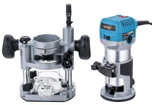 KATSU Tools Fresatrice/trimmer legno elettrica 710 W – soft start, base a immersione, corpo in alluminio, 3 mandrini (1/4, 6 mm, 8 mm) fai-da-te
