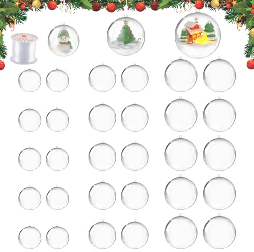 30 Pcs Bolas de Navidad Transparentes, dellyy Bola Navidad Transparente Rellenable, Plastico Bola Rellenable de Navidad, DIY Bola Decorativa de Plástico con 50 Metros de Cuerda Decorativa