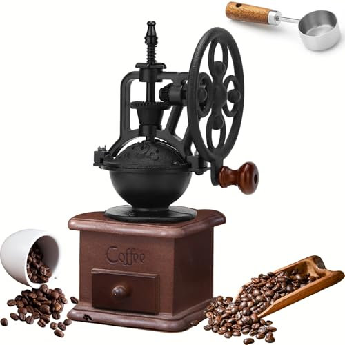 Macinino da caffè Manuale, macinacaffè Vintage in Legno con cassetto in Legno, macinacereali a rulli, macinatura di Spessore Regolabile con manovella in ghisa per preparare caffè 11.5 * 11.5 * 26.5cm