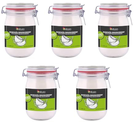 mituso Bio Kokosöl desodoriert 5 Liter | Geschmacksneutral - Ideal zum Braten, Backen, Frittieren | vegan, ohne Zusätze - Vielseitig für Haut & Haar | im Drahtbügelglas