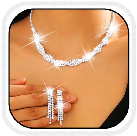 Reaky Brautschmuck-Set, silberne Strass-Halskette, 3-teilig, Brautschmuck, Halsketten, Hochzeitsaccessoires für Frauen (2 Pcs Silber)
