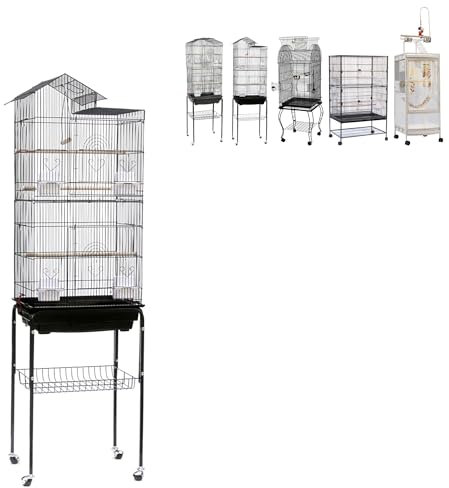 XUANYU Großer Vogelkäfig auf Fuß, robust, Voliere, Vogelkäfig auf Rollen, 2 Etagen, mit Halterung, Zuchtkäfig für Vögel, Innen/Außen (schwarz, 46 x 35,5 x 158,5 cm)