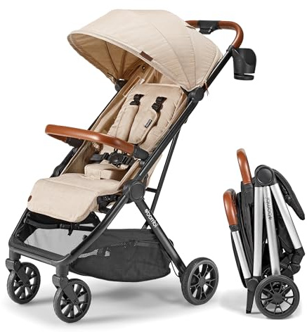 Bombi Bēbee V2 Lightweight Baby Stroller - Premium Vegan Leather, One-Hand Fold, Infinite Recline, Aircraft-Grade Aluminum Frame, XXL Canopy, and Ample Storage Umbrella Stroller - Sand