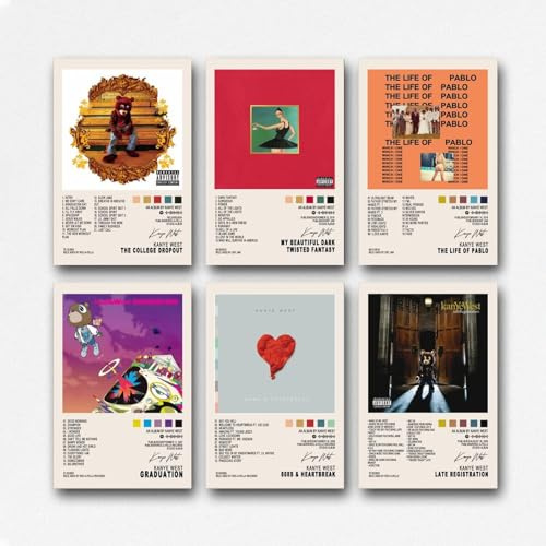 CHIMOSHEJI Set med 6 väggkonst, album, affisch, Kanye West, 808-talet och Heartbreak Kanye West Albumskydd, affisch, vardagsrum, dekoration