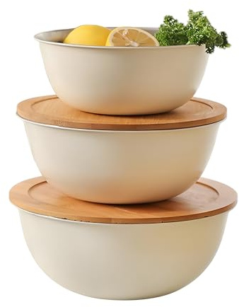 CompadreBol 3-delat skålset, köksskål-set, rostfritt stål skålset 22 cm, 24 cm och 26 cm, köksskål med bambulock