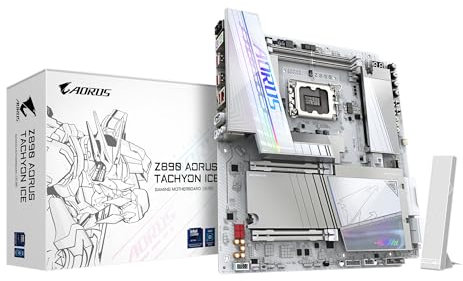GIGABYTE Z890 AORUS Tachyon Ice Mainboard – Intel Core Ultra (Serie 2) Prozessoren, 18+1+2 Phasen VRM, bis zu 9500 MHz DDR5 (O.C), 1 x PCIe 5.0 + 3 x PCIe 4.0, Wi-Fi 7, 5 GbE LAN, USB 3.2 Gen 2x2
