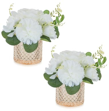 NUPTIO Small Artificial Flowers in Vase: 2 Pcs White Decorative Fake Flowers with Glass Vases for Home Bedroom Window - Silk Faux Rose Arrangements for Wedding Table Decor