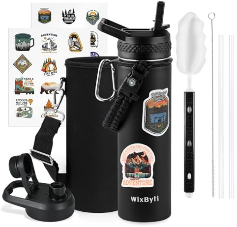 WixByti 20 oz Insulated Water Bottle with Straw, Stainless Steel Water Jug | Cold for 24 Hrs, Triple Wall Vacuum, Leakproof & Non-BPA Sports Hydro Cup Flask with Straw Spout Lids & Paracord Handle