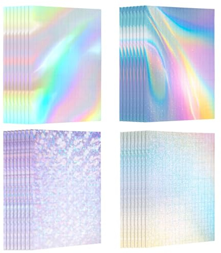 QWORK® 32 Sheets Holographic Clear Vinyl Sticker Paper, Self-Adhesive, A4 Size, 4 Styles Mixed, Transparent Overlay Film