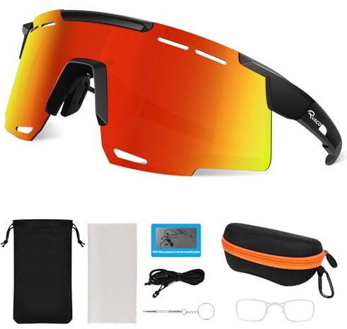 Ryaco Schnelle Brille Fahrradbrille für Herren/Damen -24g TR90 Leichtbau Polarisiert Sport sonnen brillen/Laufen mit UV400, Verstellbaren Nasenpad & Bügel, Rave&Fahrrad Rennrad Brille Set,Rot