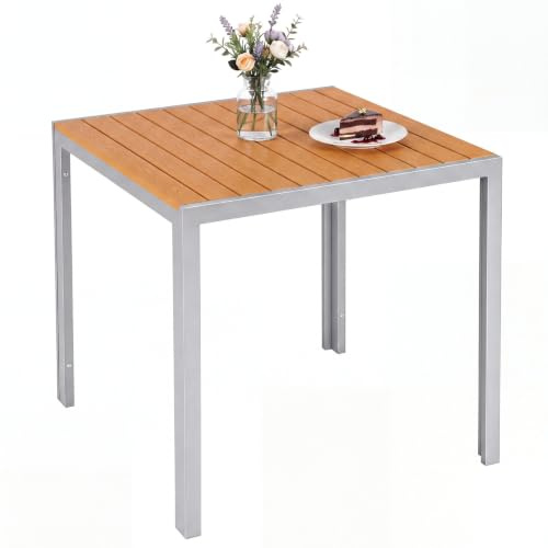 LIFERUN Trädgårdsbord aluminium, 75 x 75 cm WPC balkongbord väderbeständigt, fyrkantigt terrassbord, utomhus matbord, värme- och väderbeständigt, halkfritt – teakbrunt + ljusgrå