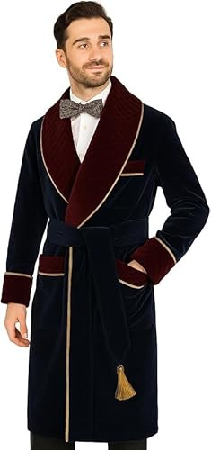 PINK CITY STUDIO Men's Quilted Smoking Long Robe Jackets Black Velvet Dressing Smoking Jacket Party Wear Long Coat (UK, Alpha, XS, Regular, Regular, Black)