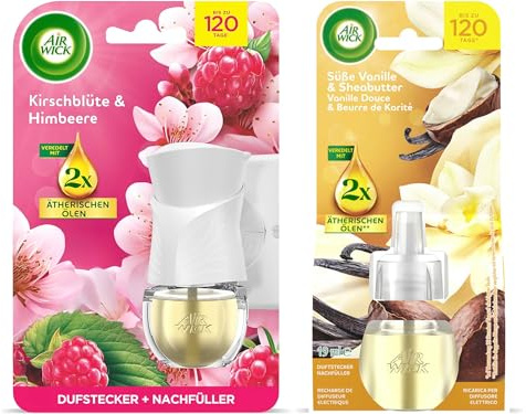 Air Wick Duftstecker Starter-Set Paket inklusive 1 Geräte & 1 x 19ml Kirschblüte & Himbeere Nachfüller & 1 x Süße Vanille & Sheabutter 19ml Nachfüller