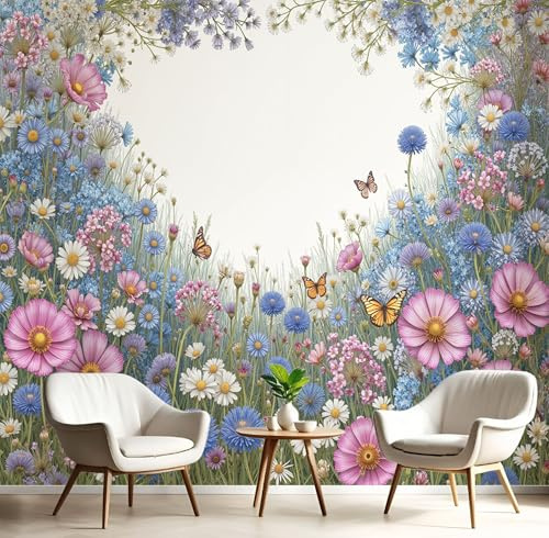 Carta da Parati Fotografica Murale 300x210cm Fiori selvatici e farfalle Del Acquerello dipinto a mano Carta da Parati Effetto 3d Decorazione Murale Poster da Parete per Camera da Letto, blu e rosa