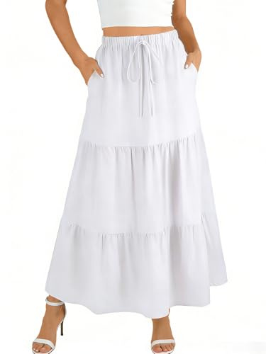 WERFORU Women's Skirts Elastic High Waist Long Skirt with Pockets Elegant Maxi Skirt for Women A-Line High Waist Boho Skirts White
