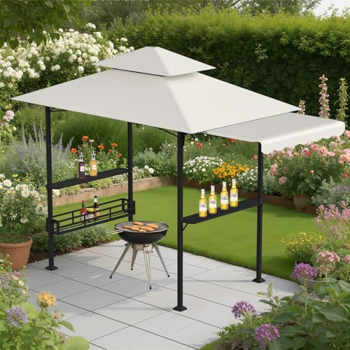 Peviasot Grillpaviljong vattentät med markis, dubbla våningar, trädgårdspaviljong, väderbeständigt, grillskydd för trädgård, UV-skydd för grillfest, 328 x 148 x 250 cm, beige