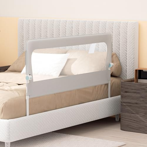 Peviasot Bettgitter Rausfallschutz 150 cm, klappbar 180°, höhenverstellbar 72-86 cm, Bettschutzgitter und Seitenschutz für Kinderbett, Familienbett und Kleinkinder, mit Befestigungsgurt, Grau