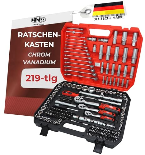 FAMEX 555-50 Steckschlüsselsatz 219-tlg. - 1/4 Zoll, 3/8 Zoll, 1/2 Zoll - alle Werkzeuge CV-Stahl - Werkzeug Set mit 3 Feinzahnknarren - Ratschenkasten, Ring-Maulschlüssel DIN 3113, Stecknüsse, Bits