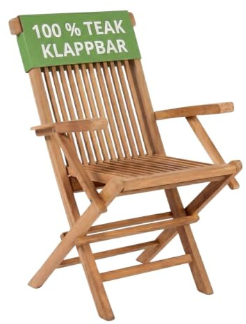 MR. DEKO Silla de Jardín Madera Teca Maciza Andover | Sillón Plegable Exterior con Reposabrazos Resistente Intemperie | Silla Terraza Balcón Camping Diseño Ergonómico Clásico 60x53x89cm Natural